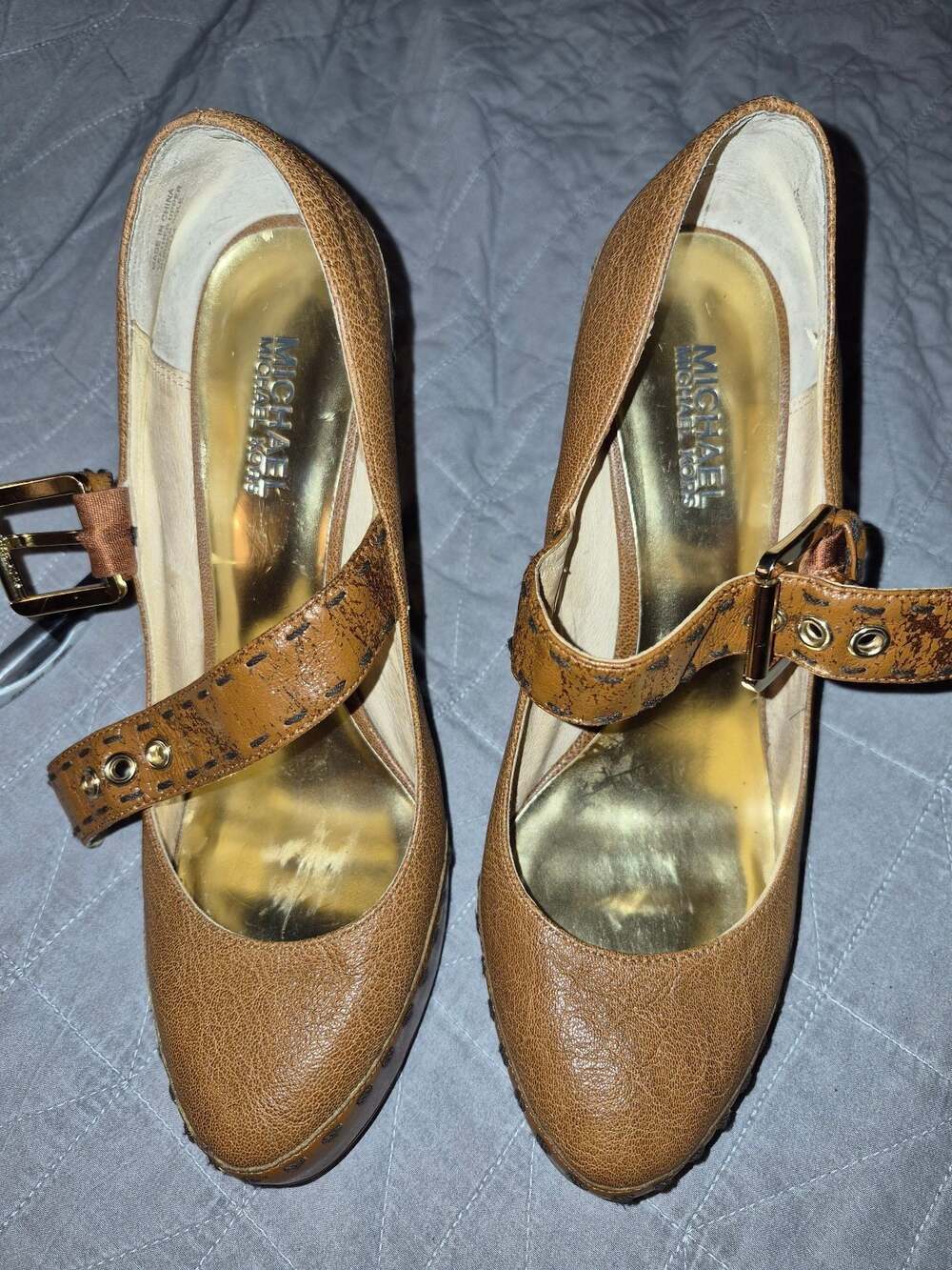 Michael Kors Hancock Platform Mary Jane Heel Cognac Brown Women's Shoes